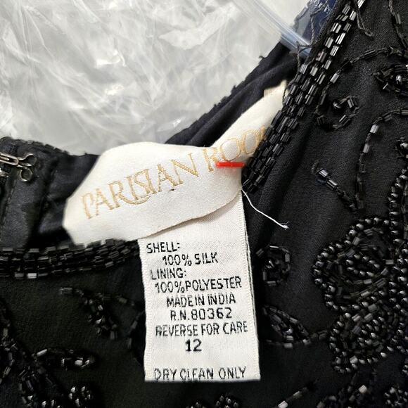 Parisian Room Dress Womens 12 Silk Black Beaded Lined Shoulder Pads LBD Vintage - Picture 9 of 9